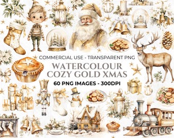 60 Watercolour Cozy Christmas Clipart, Gold Christmas, Elements for Christmas Crafts, Holiday Clipart, Neutral Christmas, Commercial Use