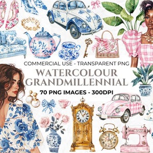 70 Clipart Grandmillennial em aquarela, Clipart Gingham, Clipart Vintage, Chinoiserie, Decoração para casa, Garota Gingham, Clipart de uso comercial