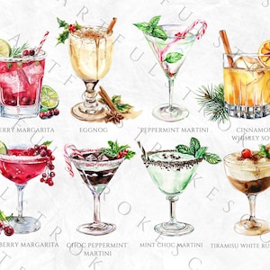 May include: Watercolor illustration of 10 different holiday cocktails, including Cranberry Margarita, Eggnog, Peppermint Martini, Cinnamon Whiskey Sour, Choc Peppermint Martini, Mint Choc Martini, and Tiramisu White Russian.