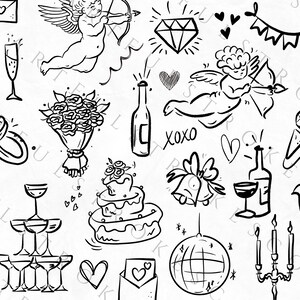 Puede incluir: Ilustraciones en blanco y negro de estilo de l&iacute;nea de iconos con tem&aacute;tica de boda y amor. Los iconos incluyen un ramo de flores, anillos de boda, un pastel, copas de champ&aacute;n, una bola de discoteca, una paloma, un micr&oacute;fono, un candado, una botella de vino, una copa de vino, un coraz&oacute;n, un diamante, un cupido con una flecha, un candelabro y una pancarta con el texto "xoxo".