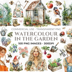 Clipart jardin aquarelle, botanique, fleur, clipart plantes, serre, abeille, papillon PNG, clipart jardinage, paysage, usage Commercial