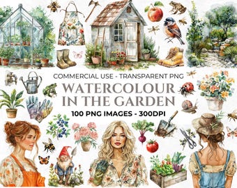 Aquarell Garten Clipart, Botanische, Blumen, Pflanzen Clipart, Gewächshaus, Biene, Schmetterling PNG, Gartenarbeit Clipart, Landschaft, kommerzielle Nutzung