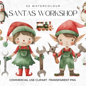 Aquarela Santas Workshop Natal Clipart, Natal Bonito, Santa Clipart, Elfos de Natal, Elfo, Presente, Boneco de Neve, Uso Comercial