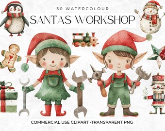 Watercolour Santas Workshop Christmas Clipart, Cute Christmas, Santa Clipart, Christmas Elves, Elf, Present, Snowman, Commercial Use