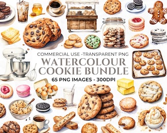 65 Watercolour Cookie Clipart, Elements for Cafe Clipart, Food PNG, Menu Clipart, Chocolate Cookie PNG, Junk Journal PNG, Commercial Use