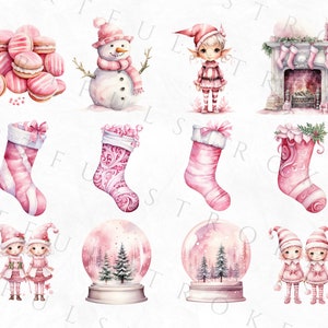 May include: Watercolor illustrations of Christmas-themed items in shades of pink. The image includes macarons, a snowman, an elf, a fireplace, Christmas stockings, snow globes with trees, and two elf figures. The overall theme is festive and whimsical.