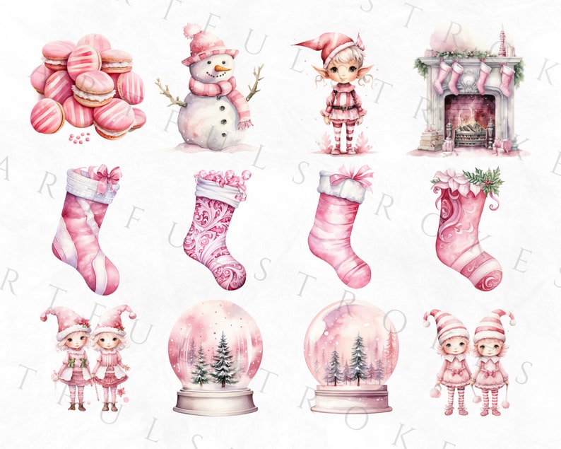 May include: Watercolor illustrations of Christmas-themed items in shades of pink. The image includes macarons, a snowman, an elf, a fireplace, Christmas stockings, snow globes with trees, and two elf figures. The overall theme is festive and whimsical.