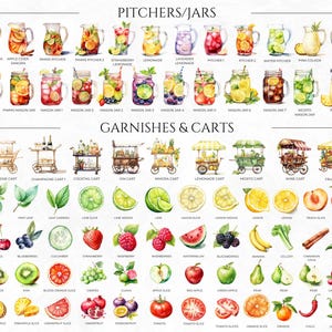 Puede incluir: Ilustraci&oacute;n acuarela de varios jarros, botes y carros para una fiesta de verano. La ilustraci&oacute;n incluye una variedad de bebidas, guarniciones y frutas, como limonada, mimosa y rodajas de melocot&oacute;n.