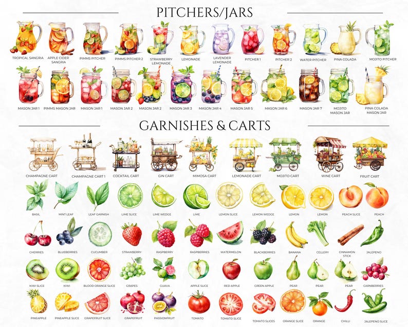 Puede incluir: Ilustraci&oacute;n acuarela de varios jarros, botes y carros para una fiesta de verano. La ilustraci&oacute;n incluye una variedad de bebidas, guarniciones y frutas, como limonada, mimosa y rodajas de melocot&oacute;n.