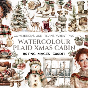 80 cliparts Noël aquarelle, clipart cabine confortable, Noël rustique PNG Bundle, hiver douillet, carreaux de Noël, décorations, Noël vintage