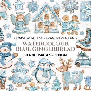 30 Blue Gingerbread Clipart, Watercolour Gingerbread Cookie PNG, Christmas Cookie Bundle, Clipart PNG, Commercial Use, Instant Download