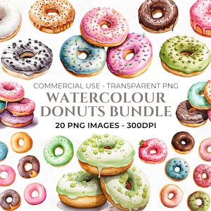 20 Aquarell Donuts Clipart, Essen Clipart, Dessert PNG Bundle, Aquarell Essen Clipart, kommerzielle Nutzung, Instant Download