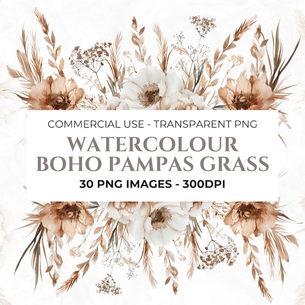 30 Watercolour Boho Flowers Clipart Pack, Pampas Grass Clipart, Floral Wreath, Rustic Flowers, Transparent PNGs, Wedding Botanical Clipart