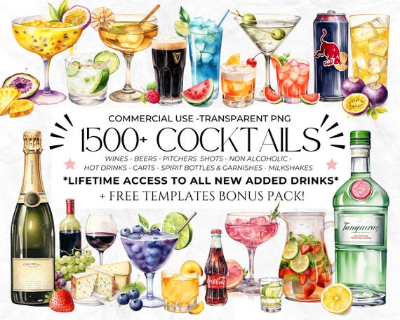 1500+ Watercolour Cocktail Clipart, Signature Cocktail, Alcohol Illustrations, Non Alcoholic Drinks, Beers Clipart, Beverage Clipart