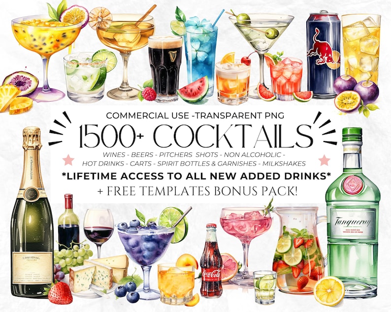 Puede incluir: Una ilustraci&oacute;n digital de una variedad de c&oacute;cteles, vinos, cervezas y licores. La imagen incluye una variedad de guarniciones, como frutas, hierbas y hielo. El texto "1500+ COCKTAILS" se muestra en el centro de la imagen. El texto "COMMERCIAL USE - TRANSPARENT PNG" se muestra en la parte superior de la imagen. El texto "*LIFETIME ACCESS TO ALL NEW ADDED DRINKS*" se muestra en el centro de la imagen. El texto "+ FREE TEMPLATES BONUS PACK!" se muestra en la parte inferior de la imagen.