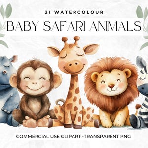 Clipart aquarelle bébé safari, lion, girafe, éléphant, singe, sauvage, animaux de safari, animaux mignons, baby shower, jungle, publicité