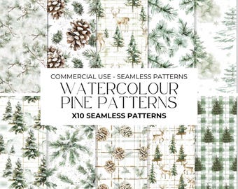 Watercolour Christmas Pine Trees Seamless Pattern, Christmas Tree Clipart, Digital Papers, Repeating Pattern, Seamless Paper PNG, Commercial