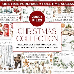 Watercolour Christmas Clipart Bundle, Lifetime Access, High Quality PNG, Transparent Background, Christmas Set, Cozy, Boho, Commercial Use