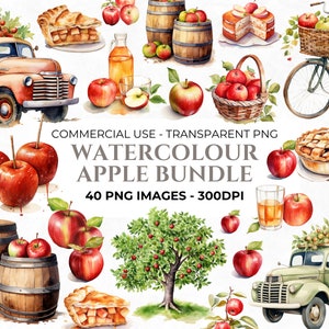 40 clipart de maçã em aquarela, clipart de torta de maçã, PNG de macieira, cidra de maçã, clipart de frutas de verão, uso comercial, fundo transparente