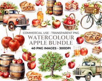 40 Watercolor Apple Clipart, Apple Pie Clipart, Apple Tree PNG, Apple Cider, Summer Fruits Clipart, Commercial Use, Transparent Background