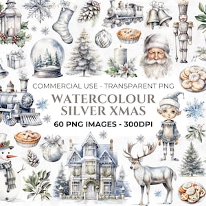 60 aquarel zilveren kerst clipart, elementen voor kerstambachten, vakantie clipart, neutrale kerst, kerst png, commercieel gebruik