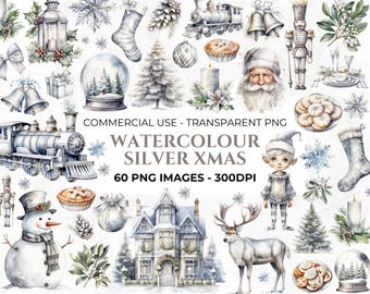 60 Watercolour Silver Christmas Clipart, Elements for Christmas Crafts, Holiday Clipart, Neutral Christmas, Xmas PNG, Commercial Use
