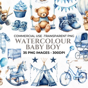 35 aquarel babyshower clipart, babyjongen clipart, pasgeboren babyjongen bundel, aquarel kinderkamer clipart, afbeeldingen commercieel gebruik