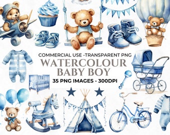 35 Watercolour Baby Shower Clipart, Baby Boy Clipart, Newborn Baby Boy Bundle, Watercolour Nursery Clipart, Commercial Use Images