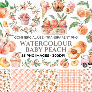 55+ Aquarell Pfirsich Clipart, Obst Clipart, Gingham-Druck, süßer Pfirsich PNG, Baby Pfirsich, Babyparty Clipart, Clipart für kommerzielle Nutzung