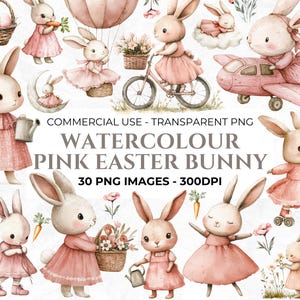 Aquarell Ostern Clipart, Rosa Hase PNG, Ostereier, Junk Journal, Frühling Clipart, Boho Hase PNG, Ballerina Kaninchen, kommerzielle Clipart