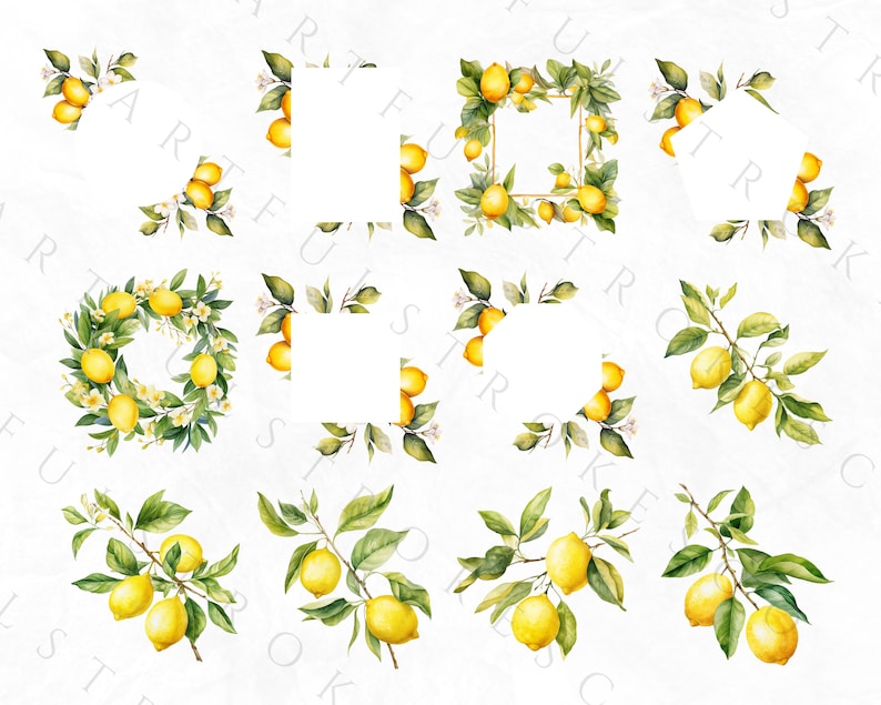Clipart de limón en acuarela, clipart de fruta, paquete PNG de limón picante, corona de limón en acuarela, azulejo mediterráneo, italiano, uso comercial imagen 7