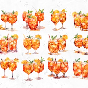 K&ouml;nnte beinhalten: Aquarell-Illustration von 10 verschiedenen Gl&auml;sern mit Eistee, Orangenscheiben und Minzbl&auml;ttern. Die Gl&auml;ser sind alle in verschiedenen Formen und Gr&ouml;&szlig;en, und einige haben Eisw&uuml;rfel darin.