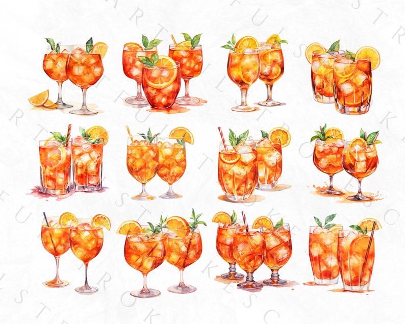K&ouml;nnte beinhalten: Aquarell-Illustration von 10 verschiedenen Gl&auml;sern mit Eistee, Orangenscheiben und Minzbl&auml;ttern. Die Gl&auml;ser sind alle in verschiedenen Formen und Gr&ouml;&szlig;en, und einige haben Eisw&uuml;rfel darin.
