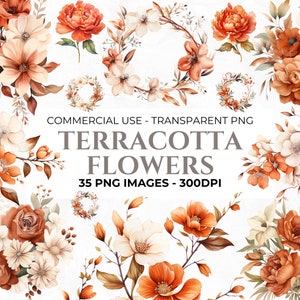 35 aquarel terracotta bloemen clipartpakket, herfst clipart, commercieel gebruik, transparante achtergrond png-bestanden, bruiloft botanische clipart