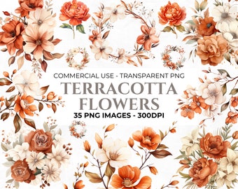 35 Watercolour Terracotta Flowers Clipart Pack, Autumn Clipart, Commercial Use, Transparent Background PNGs, Wedding Botanical Clipart