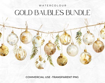 Watercolour Christmas Baubles Clipart, Gold and White Christmas Clipart, Gold Christmas PNG Bundle, Pine, Cozy Xmas, Commercial Clipart