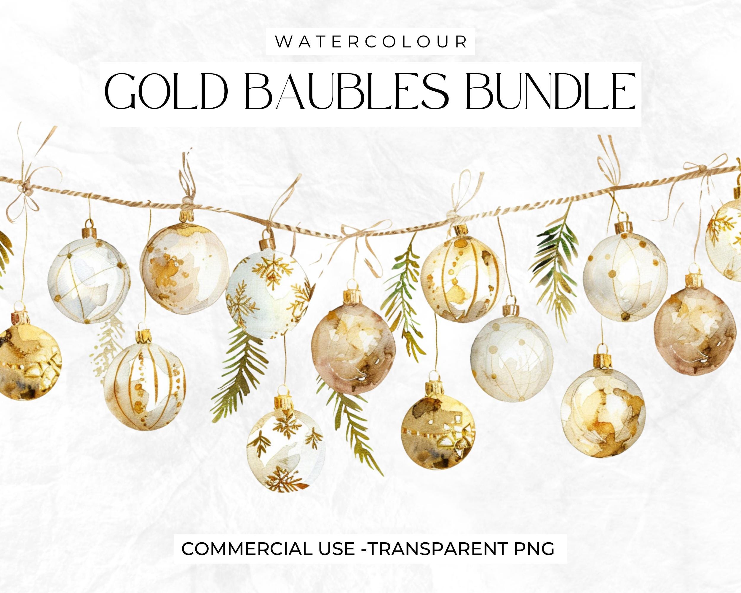 Watercolour Christmas Baubles Clipart, Gold and White Christmas Clipart ...