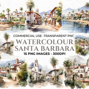 15 Clipart de Santa Bárbara, clipart de casamento de destino, aquarela Santa Bárbara, praia, clipart de férias, PNG transparente, uso comercial