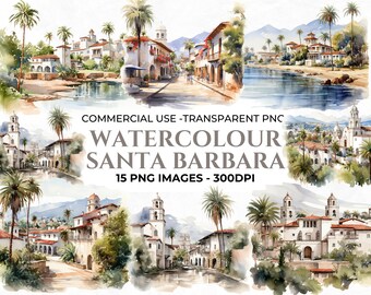 15 Imágenes Prediseñadas de Santa Bárbara, Imágenes Prediseñadas de boda de destino, acuarela Santa Bárbara, playa, imágenes prediseñadas de vacaciones, PNG transparente, uso comercial