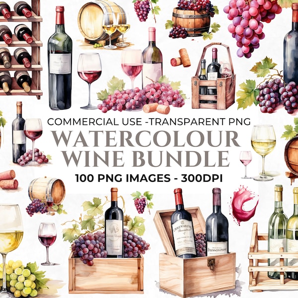 100 Watercolour Wine Clipart, Wine Png, Grapes, Wine Bottle, Transparent Background, Celebration Clipart, Wine Vineyard, Commercial Clipart