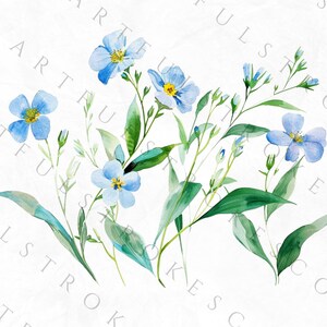 May include: Watercolor painting of a bouquet of blue forget-me-not flowers with green stems and leaves on a white background.