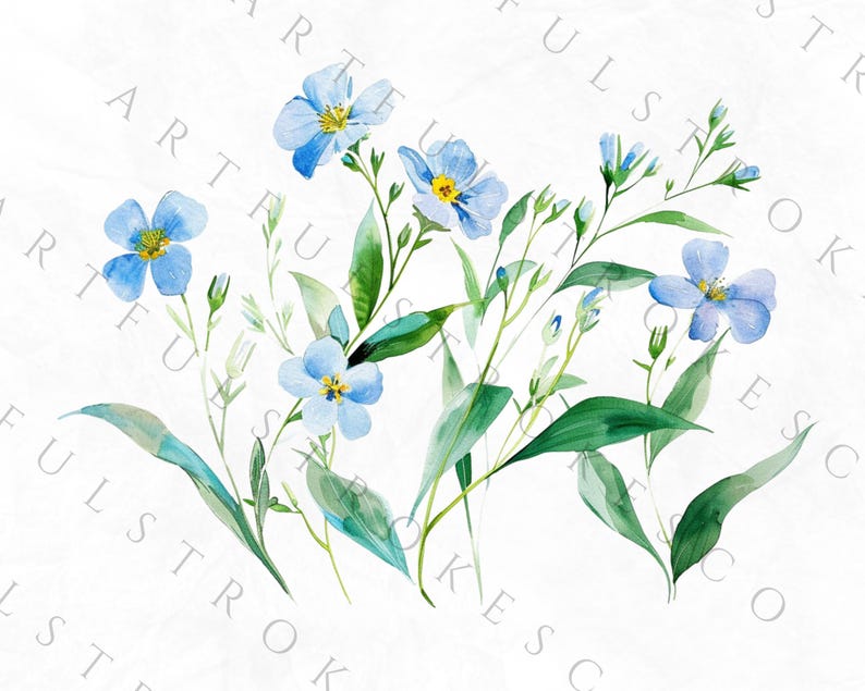May include: Watercolor painting of a bouquet of blue forget-me-not flowers with green stems and leaves on a white background.