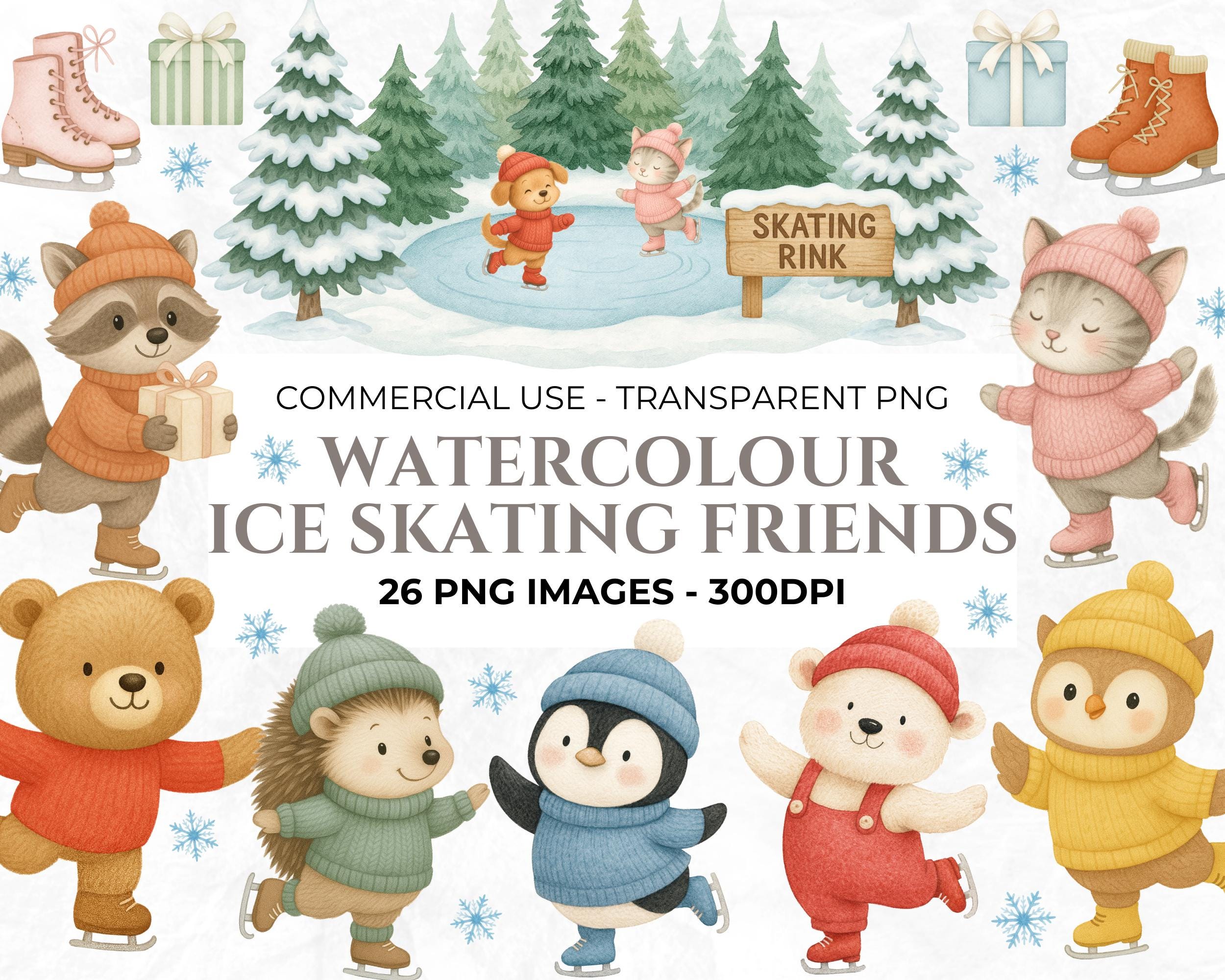 Animals Ice Skating Clipart, Cute Christmas, Ice Skates, Woodland ...
