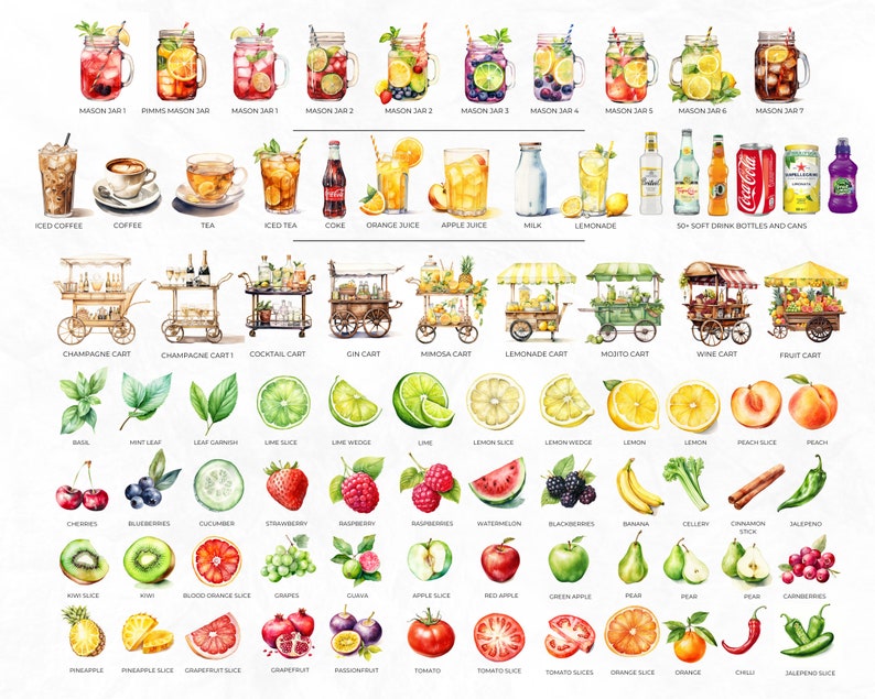 600 Watercolour Cocktail Clipart, Signature Cocktail, Alcohol Illustrations, Non Alcoholic Drinks, Beers Clipart, Beverage Clipart image 8