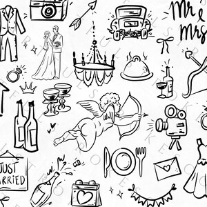 Puede incluir: Ilustraciones en blanco y negro de l&iacute;nea de art&iacute;culos relacionados con la boda, que incluyen una iglesia, un vestido de novia, un esmoquin, un pastel de bodas, una botella de champ&aacute;n, un autom&oacute;vil, un anillo, una corbata de mo&ntilde;o, una c&aacute;mara, un coraz&oacute;n, una corona, una copa de vino, una botella de vino, un plato, un tenedor, un cuchillo, un cupido con una flecha, un arco y una flecha, una c&aacute;mara de video, un vestido, un letrero que dice "Just Married" y una pancarta.