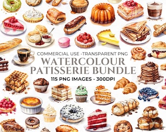 115 Watercolour Patisserie Clipart, Elements for Cafe Clipart, Menu Food PNG, Pastry Clipart, Cake PNG, Junk Journal PNG, Commercial Use