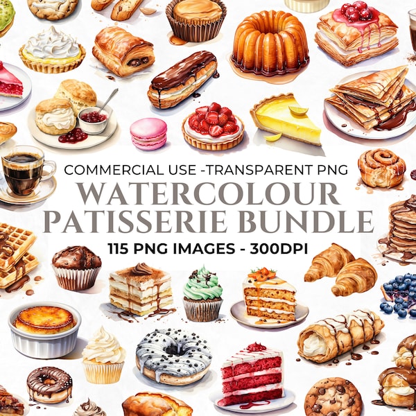 115 Watercolour Patisserie Clipart, Elements for Cafe Clipart, Menu Food PNG, Pastry Clipart, Cake PNG, Junk Journal PNG, Commercial Use