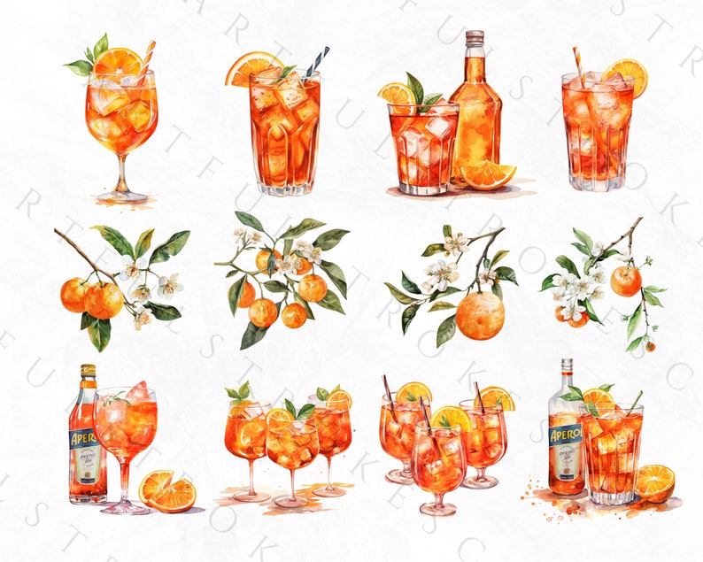 K&ouml;nnte beinhalten: Aquarell-Illustration von Aperol Spritz Cocktails mit Orangenscheiben und Orangenbl&uuml;tenzweigen. Die Illustration zeigt Flaschen Aperol und eine Auswahl an Gl&auml;sern, die mit dem orangenfarbenen Cocktail gef&uuml;llt sind.