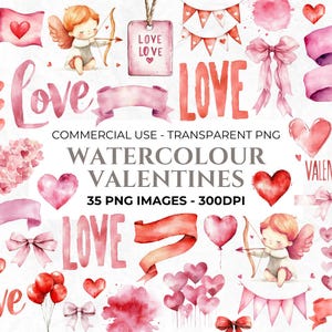 75 Valentinstag Clipart, Aquarell Valentinstag Banner, Romantische Clipart, Liebe PNG, Herzen, Ballons, Amor, Spritzer, Flaggen, Wimpelkette