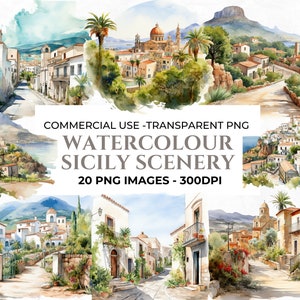20 Clipart Sicile, Destination mariage Clipart, Clipart aquarelle Italie, Sicile aquarelle, plage PNG, Clipart vacances, usage Commercial